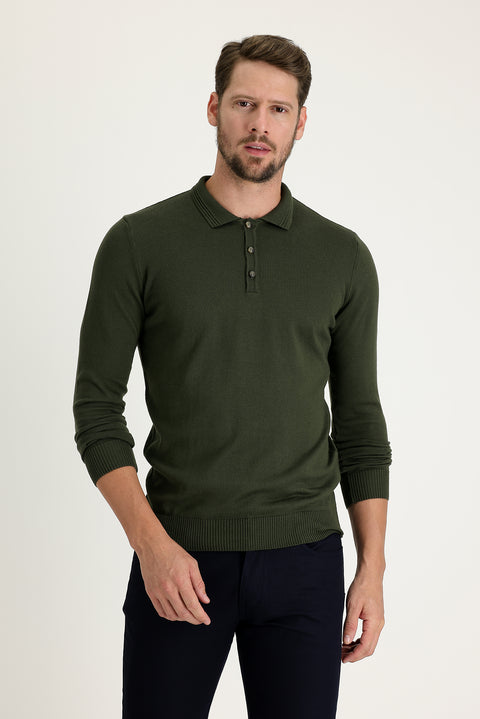 Orta Haki Polo Yaka Regular Fit Pamuklu Triko Kazak