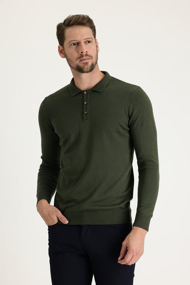 Orta Haki Polo Yaka Regular Fit Pamuklu Triko Kazak