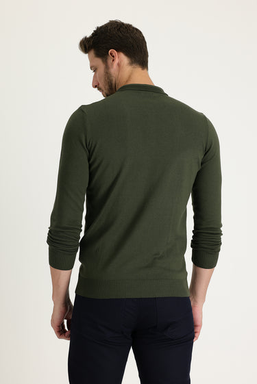 Orta Haki Polo Yaka Regular Fit Pamuklu Triko Kazak