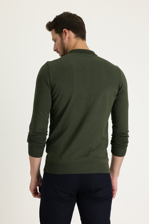 Orta Haki Polo Yaka Regular Fit Pamuklu Triko Kazak