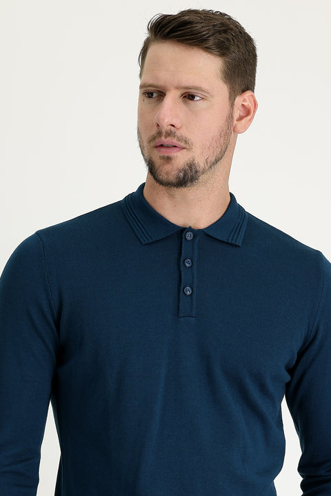 Orta Petrol Polo Yaka Regular Fit Pamuklu Triko Kazak