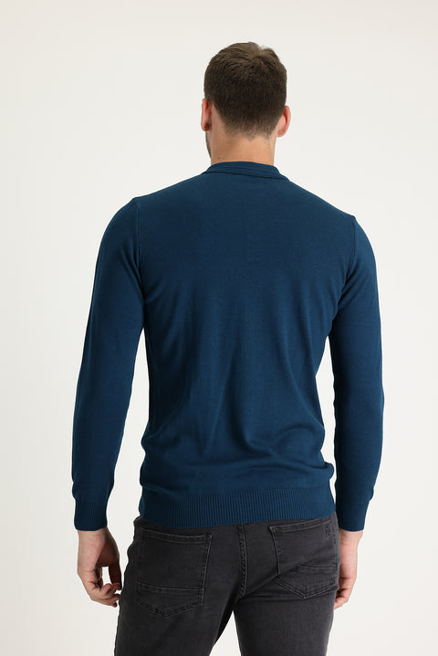 Orta Petrol Polo Yaka Regular Fit Pamuklu Triko Kazak