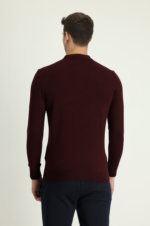 Koyu Bordo Polo Yaka Regular Fit Pamuklu Triko Kazak