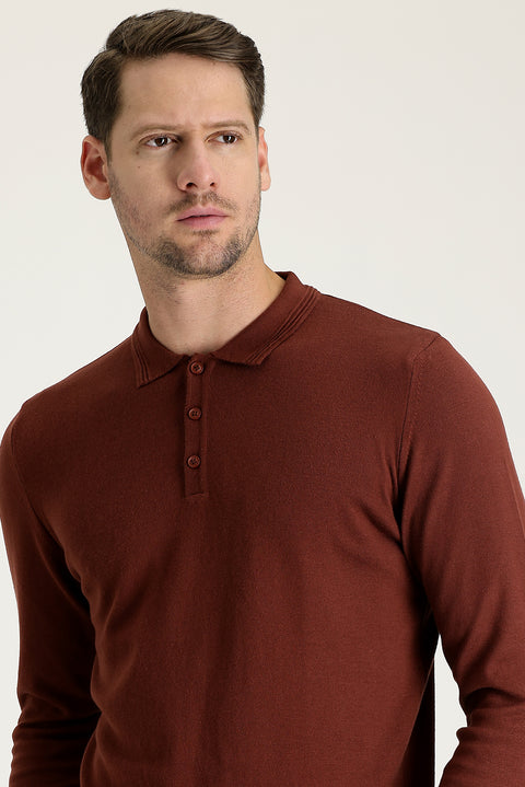 Kiremit Polo Yaka Regular Fit Pamuklu Triko Kazak