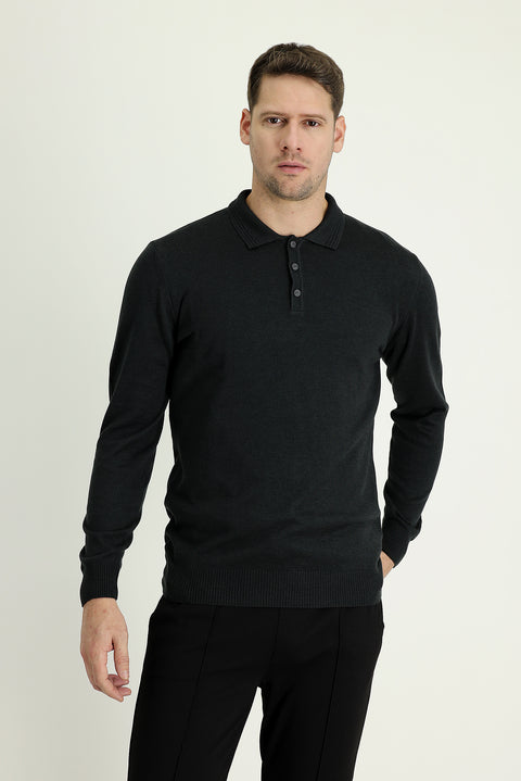 Koyu Antrasit Polo Yaka Regular Fit Pamuklu Triko Kazak