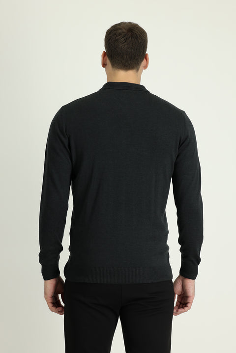 Koyu Antrasit Polo Yaka Regular Fit Pamuklu Triko Kazak