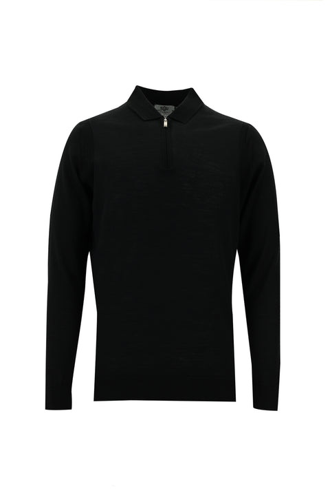 Siyah Polo Yaka Regular Fit Fermuarlı Yünlü Triko Kazak