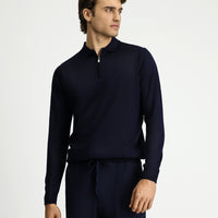 Koyu Lacivert Polo Yaka Regular Fit Fermuarlı Yünlü Triko Kazak