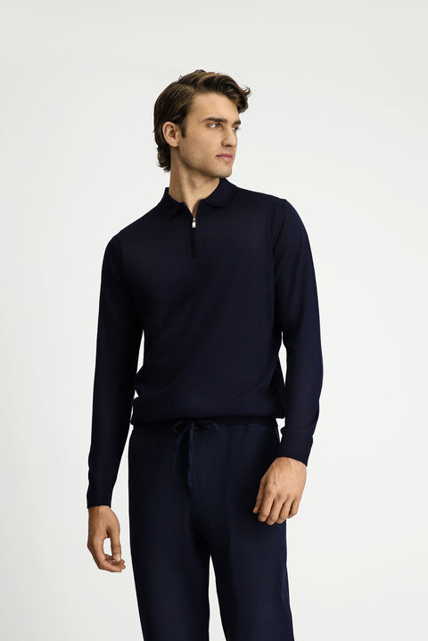 Koyu Lacivert Polo Yaka Regular Fit Fermuarlı Yünlü Triko Kazak