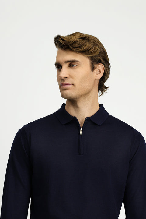 Koyu Lacivert Polo Yaka Regular Fit Fermuarlı Yünlü Triko Kazak