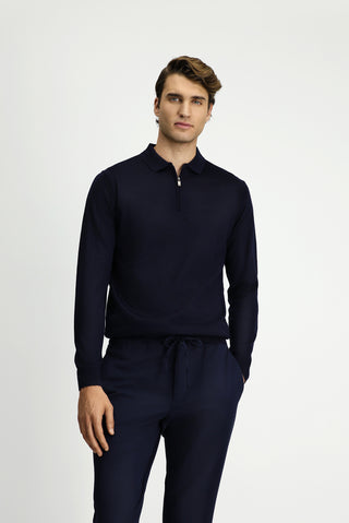  Koyu Lacivert Polo Yaka Regular Fit Fermuarlı Yünlü Triko Kazak