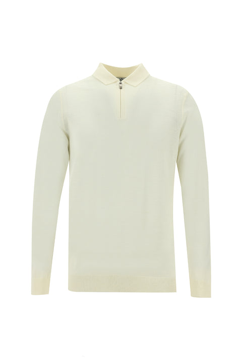 Kırık Beyaz Polo Yaka Regular Fit Fermuarlı Yünlü Triko Kazak