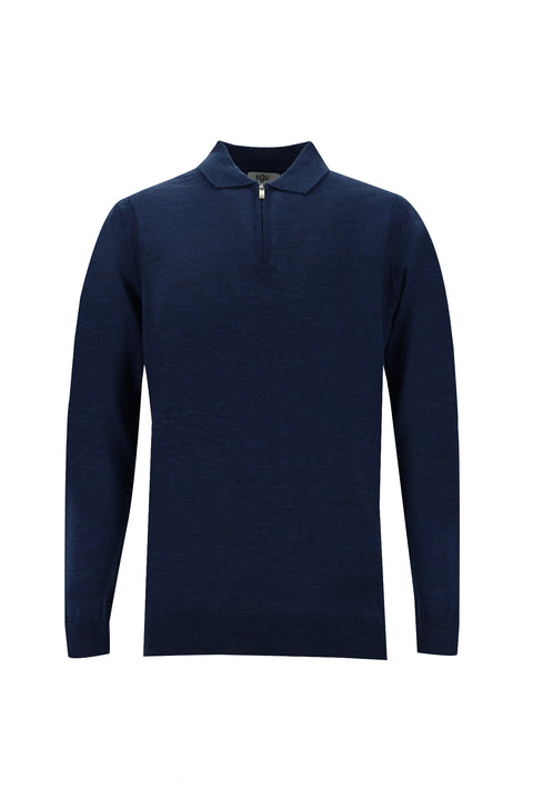 Koyu Petrol Polo Yaka Regular Fit Fermuarlı Yünlü Triko Kazak
