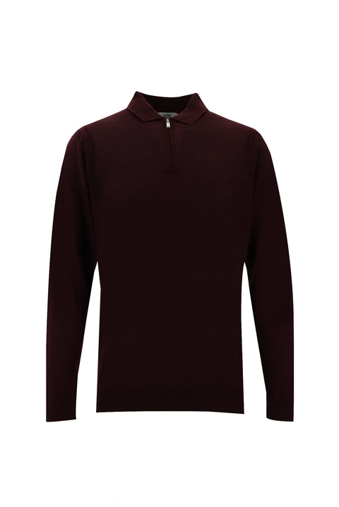 Koyu Bordo Polo Yaka Regular Fit Fermuarlı Yünlü Triko Kazak