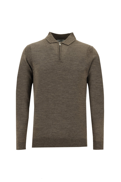 Orta Vizon Polo Yaka Regular Fit Fermuarlı Yünlü Triko Kazak