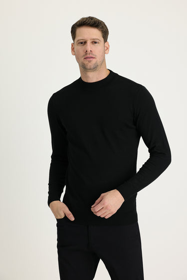Siyah Yarım Balıkçı Yaka Regular Fit Pamuklu Triko Kazak