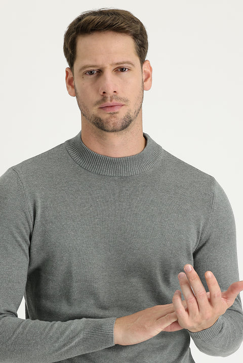 Orta Gri Melanj Yarım Balıkçı Yaka Regular Fit Pamuklu Triko Kazak