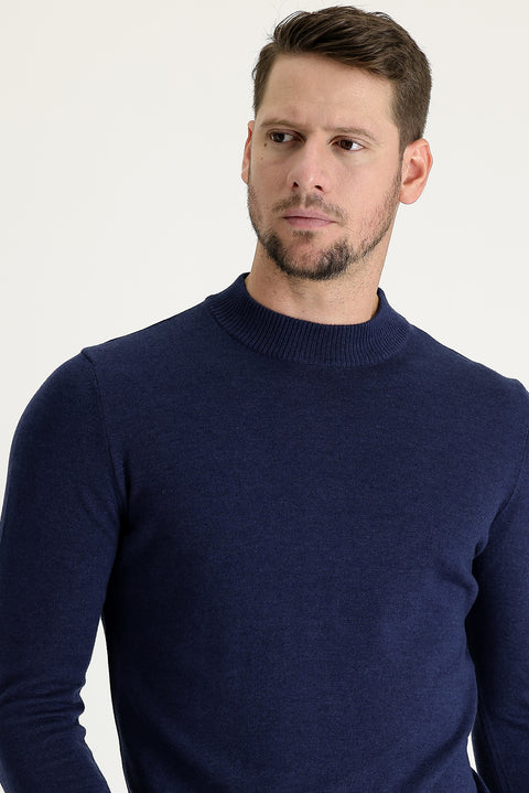 Orta Lacivert Melanj Yarım Balıkçı Yaka Regular Fit Pamuklu Triko Kazak