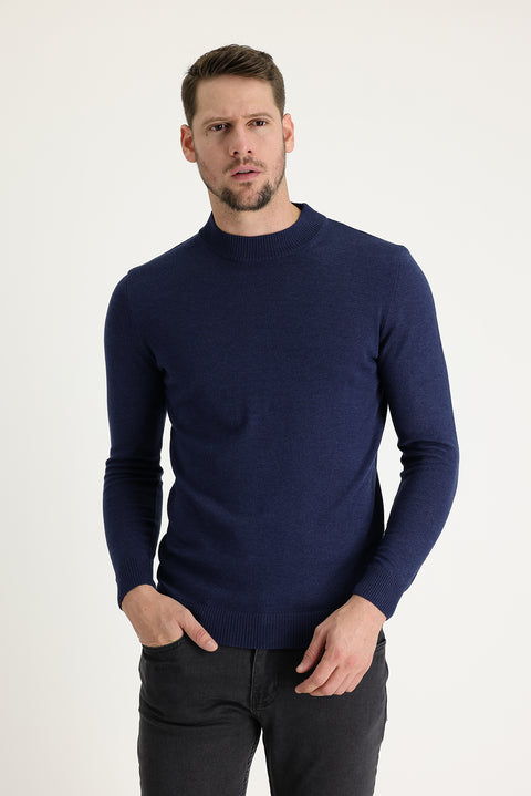 Orta Lacivert Melanj Yarım Balıkçı Yaka Regular Fit Pamuklu Triko Kazak