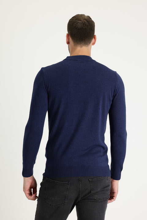 Orta Lacivert Melanj Yarım Balıkçı Yaka Regular Fit Pamuklu Triko Kazak