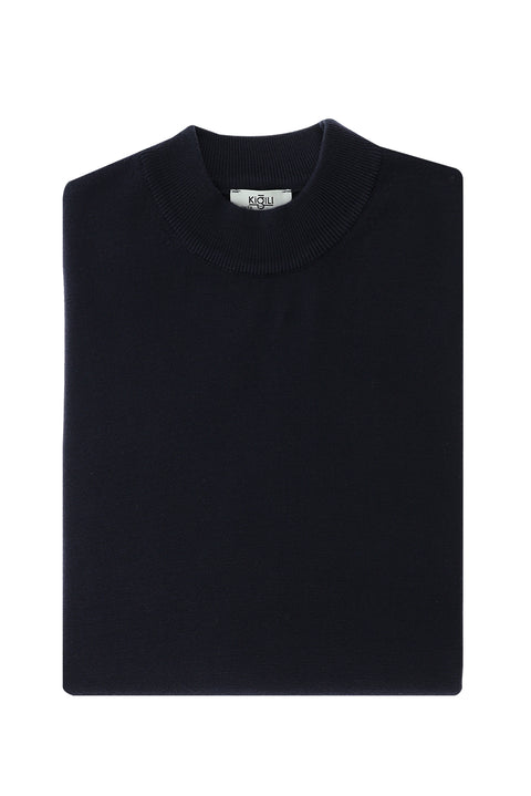 Dark Navy Semi-Turtleneck Regular Fit Cotton Knit Sweater
