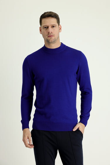 Saks Mavi Yarım Balıkçı Yaka Regular Fit Pamuklu Triko Kazak