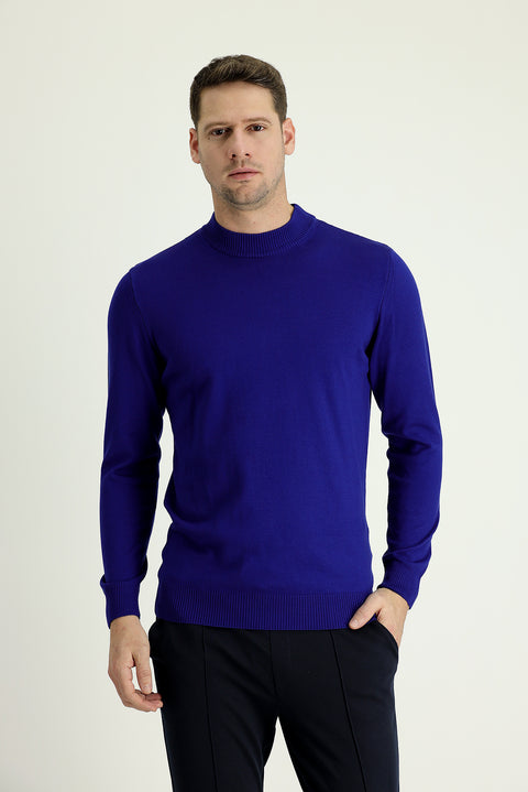 Navy Blue Half Turtleneck Regular Fit Cotton Knit Sweater