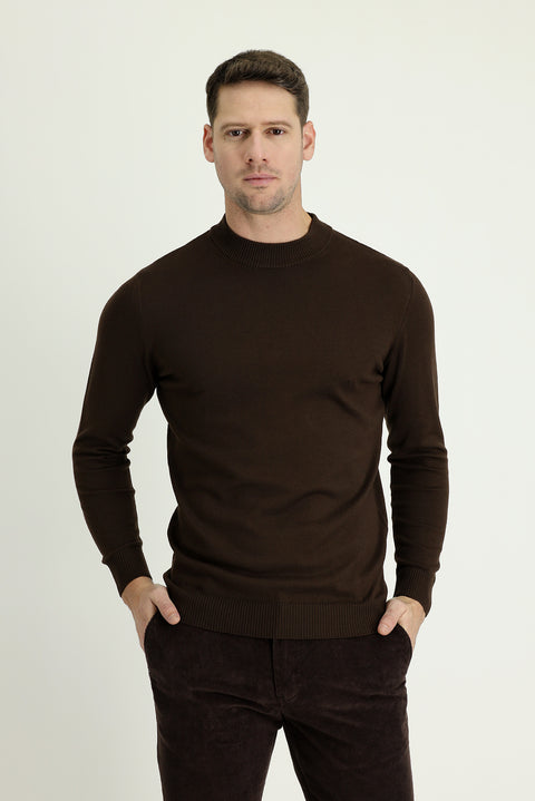 Dark Brown Semi-Turtleneck Regular Fit Cotton Knit Sweater