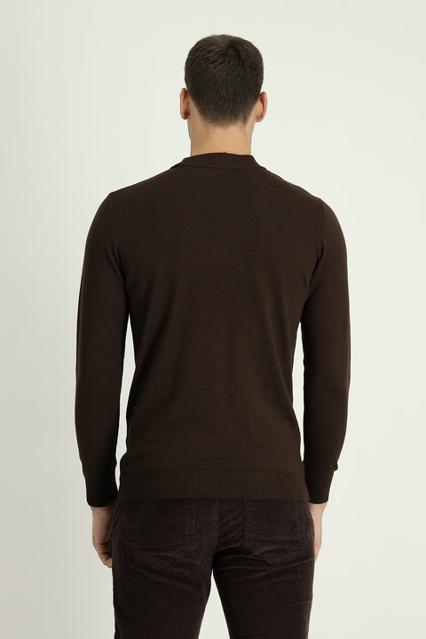 Dark Brown Semi-Turtleneck Regular Fit Cotton Knit Sweater