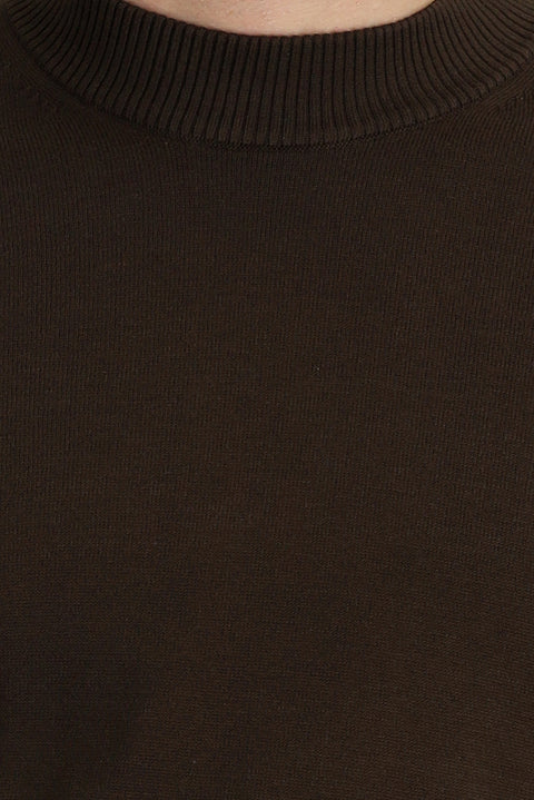 Dark Brown Semi-Turtleneck Regular Fit Cotton Knit Sweater