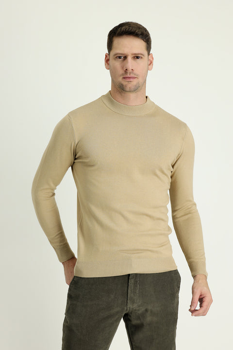 Light Beige Half Turtleneck Regular Fit Cotton Knit Sweater