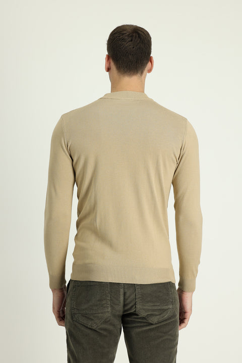 Light Beige Half Turtleneck Regular Fit Cotton Knit Sweater