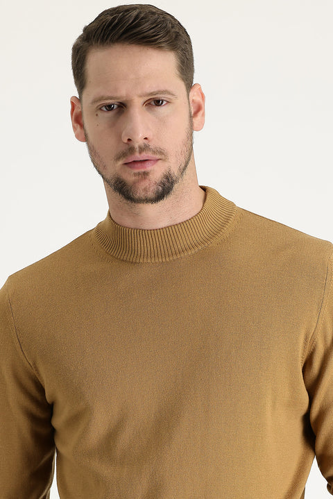 Camel Half Turtleneck Regular Fit Cotton Knit Sweater