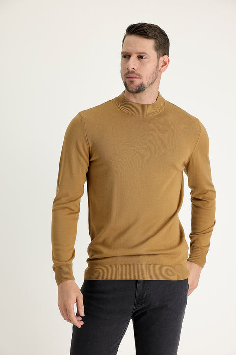 Camel Half Turtleneck Regular Fit Cotton Knit Sweater