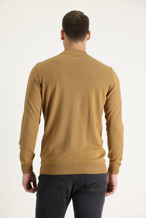 Camel Half Turtleneck Regular Fit Cotton Knit Sweater