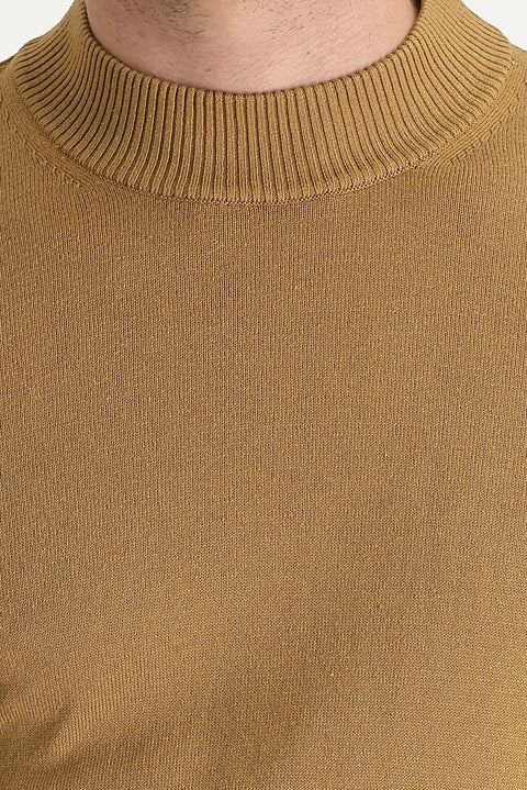 Camel Half Turtleneck Regular Fit Cotton Knit Sweater