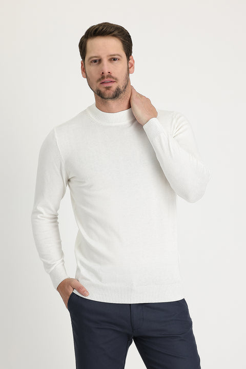Ekru Yarım Balıkçı Yaka Regular Fit Pamuklu Triko Kazak