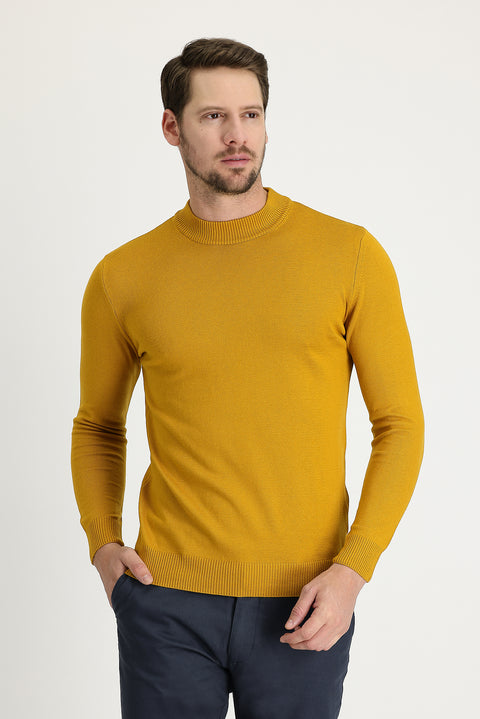 Hardal Yarım Balıkçı Yaka Regular Fit Pamuklu Triko Kazak