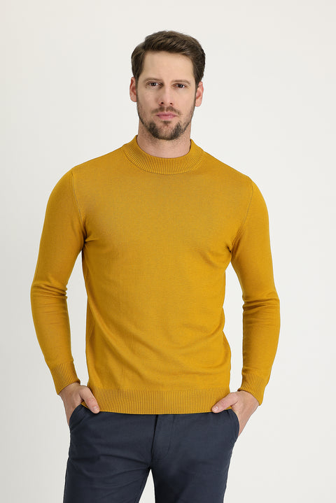 Hardal Yarım Balıkçı Yaka Regular Fit Pamuklu Triko Kazak