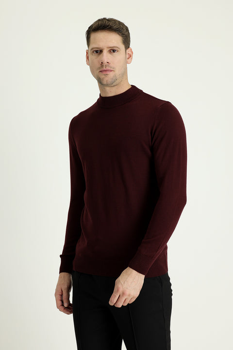 Dark Burgundy Half Turtleneck Regular Fit Cotton Knit Sweater