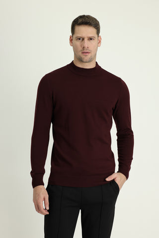  Koyu Bordo Yarım Balıkçı Yaka Regular Fit Pamuklu Triko Kazak