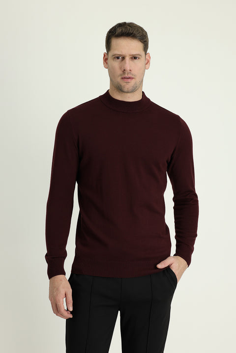 Dark Burgundy Half Turtleneck Regular Fit Cotton Knit Sweater