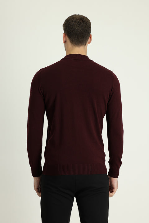 Dark Burgundy Half Turtleneck Regular Fit Cotton Knit Sweater