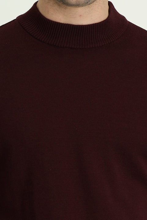 Dark Burgundy Half Turtleneck Regular Fit Cotton Knit Sweater