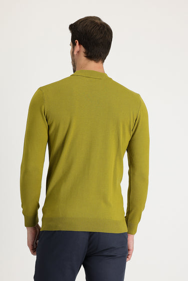 Yağ Yeşili-Olive Yarım Balıkçı Yaka Regular Fit Pamuklu Triko Kazak