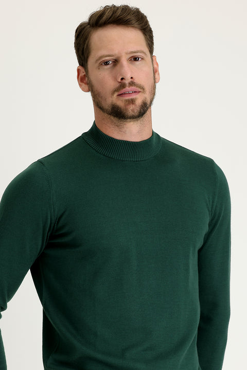 Forest Green Melange Half Turtleneck Regular Fit Cotton Knit Sweater