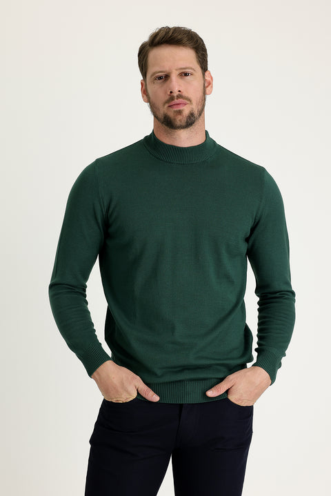 Forest Green Melange Half Turtleneck Regular Fit Cotton Knit Sweater