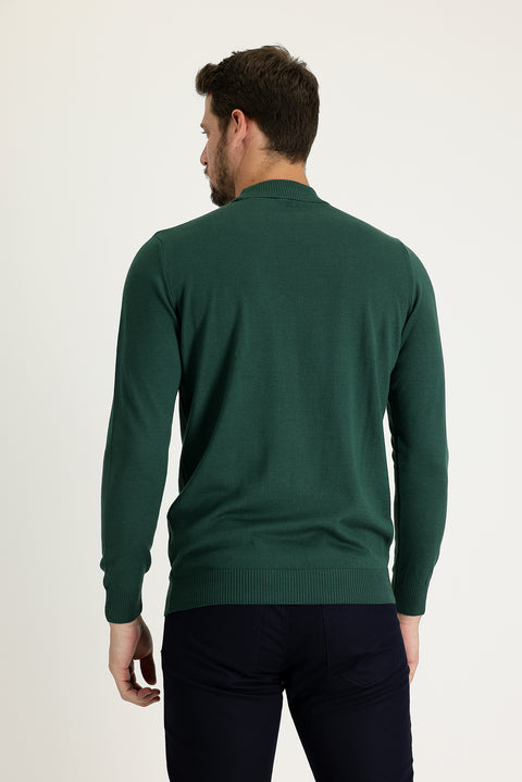 Forest Green Melange Half Turtleneck Regular Fit Cotton Knit Sweater