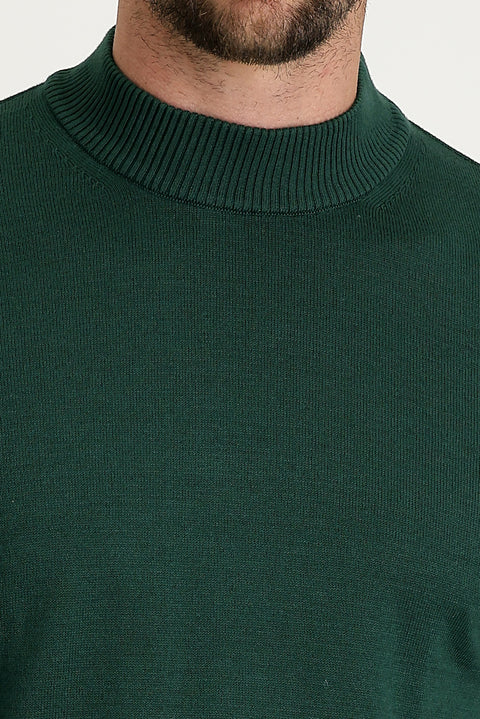 Forest Green Melange Half Turtleneck Regular Fit Cotton Knit Sweater