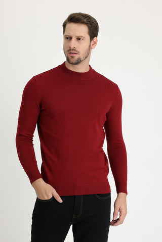  Koyu Kırmızı Yarım Balıkçı Yaka Regular Fit Pamuklu Triko Kazak